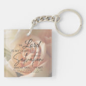 桃バラ勇気付けられるバイブル聖句詩篇27:1 キーホルダー (裏面)