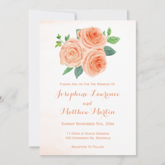 桃バラ水彩結婚式招待状 招待状 (正面)