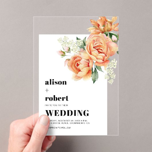 桃バラ花フローラセージ結婚グリーン アクリル招待状 (インサイチュ (ポータブル))