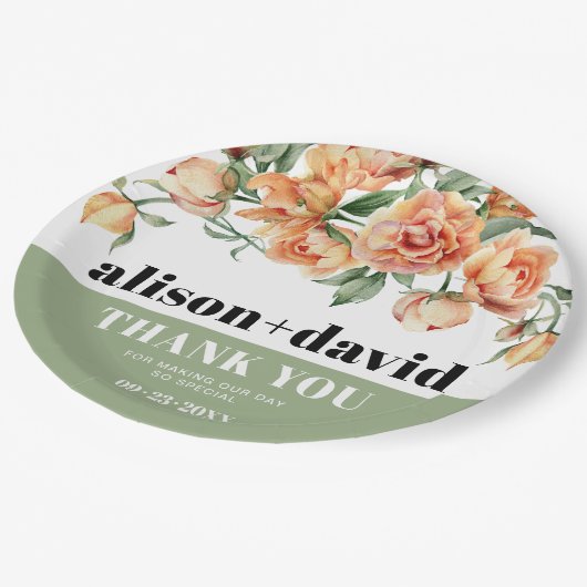 桃バラ花フローラ結婚付き枝 ペーパープレート (アングル)