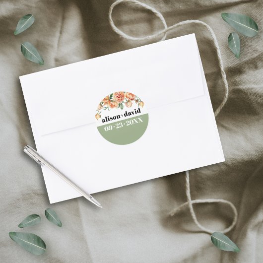 桃バラ花結婚付き枝 ラウンドシール