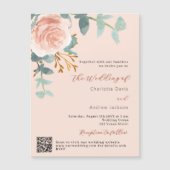 桃バラ金ゴールドフローラQR RSVPラグジュアリー結婚ズ マグネット招待状 (正面)