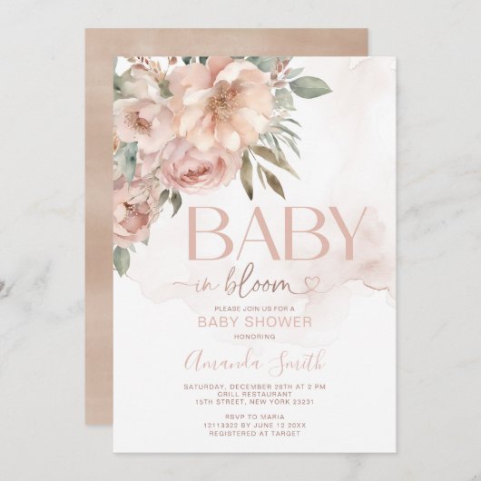 桃バラ金ゴールド花ベビーイン開花ベビーシャワー 招待状 (正面/裏面)
