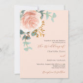 桃バラ金ゴールド花模様緑QR RSVP 結婚's 招待状 (正面)