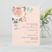 桃バラ金ゴールド花模様緑QR RSVP 結婚's 招待状 (スタンド正面)