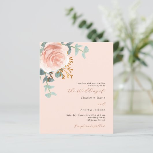 桃バラ金ゴールドQR RSVP予算結婚式招待状 (スタンド正面)