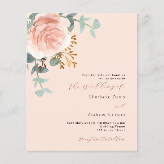 桃バラ金ゴールドQR RSVP予算結婚式招待状 (正面)