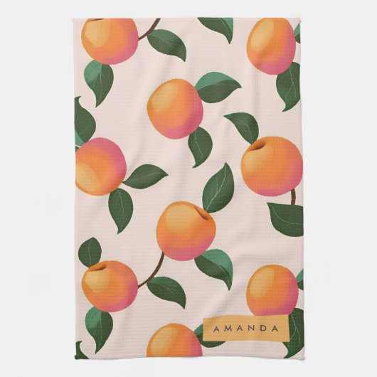 桃パーソナライズされた柄かわいい桃 キッチンタオル (縦)