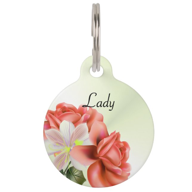 桃パーソナライズされた牡丹と幽霊蘭 ペット　ネームタグ (正面)