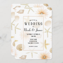 桃ビーチシーシェル&フラワーズモダン結婚ズ 招待状