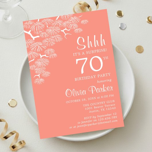 桃ピンクの松の枝サプライズ70歳の誕生日 招待状