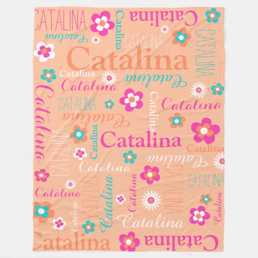桃ピンクの白いアクアフラワーと名前の毛布 フリースブランケット (正面)