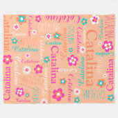 桃ピンクの白いアクアフラワーと名前の毛布 フリースブランケット (正面(横))