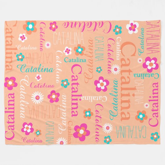 桃ピンクの白いアクアフラワーと名前の毛布 フリースブランケット (正面(横))