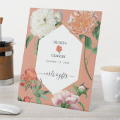 桃ピンク牡丹の花ウェディングカードギフト 台座サイン (インサイチュ)