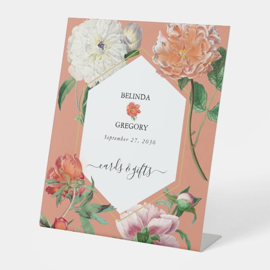 桃ピンク牡丹の花ウェディングカードギフト 台座サイン (正面)