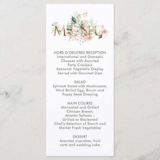 桃ピンク白花スタイリッシュ結婚式メニュー メニュー (正面)