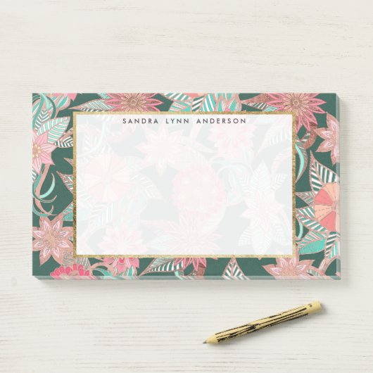 桃ピンク緑の手描き花柄 ポストイット (デスク)