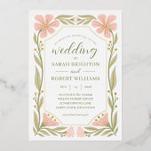 桃ピンク&セージ緑アールヌーボー野生の花 箔招待状 (正面)