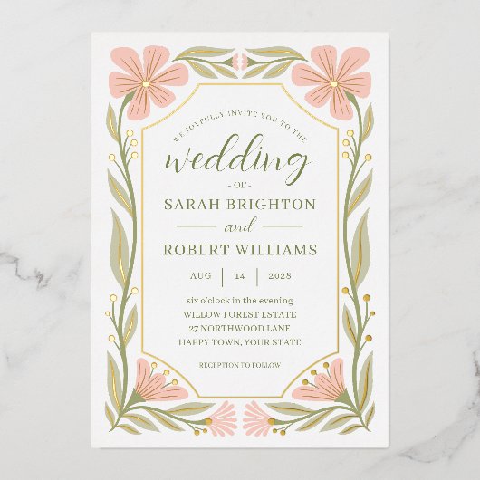 桃ピンク&セージ緑アールヌーボー野生の花 箔招待状 (正面)