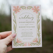 桃ピンク&セージ緑アールヌーボー野生の花 箔招待状