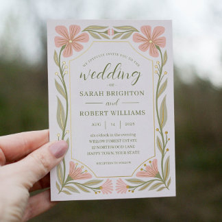 桃ピンク&セージ緑アールヌーボー野生の花 箔招待状