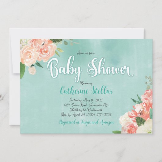 桃フローラとティール（緑がかった色）ベイビーシャワーの招待 招待状 (正面)