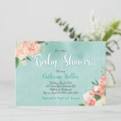 桃フローラとティール（緑がかった色）ベイビーシャワーの招待 招待状 (スタンド正面)