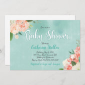 桃フローラとティール（緑がかった色）ベイビーシャワーの招待 招待状 (正面/裏面)