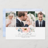 桃フローラダスティブルー結婚の3枚の写真 サンキューカード (正面/裏面)