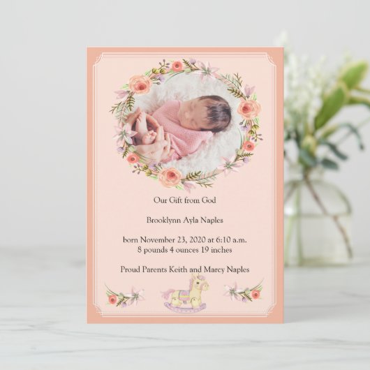 桃フローラデザイン誕生のお知らせ 招待状 (スタンド正面)