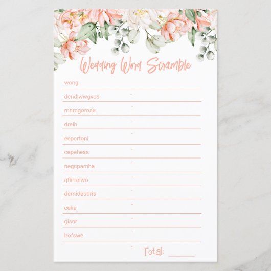 桃フローラブライダルシャワー単語スクランブルゲームカード (正面)