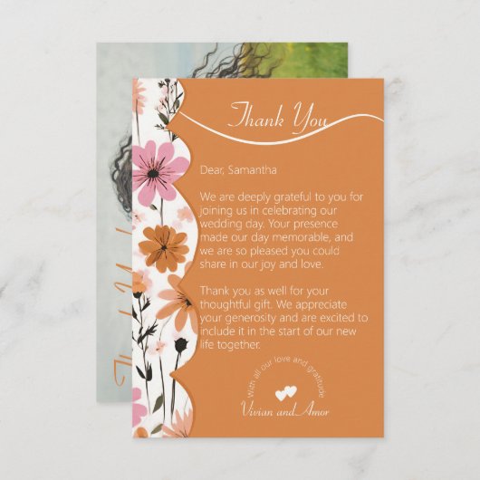 桃フローラボーダーと焦げオレンジ結婚ズ サンキューカード (正面/裏面)