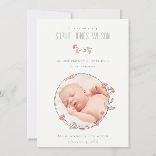 桃フローラリースフォトガール誕生のお知らせ サンキューカード (正面)