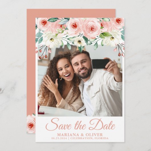 桃フローラ写真Save the Date Card 招待状 (正面/裏面)