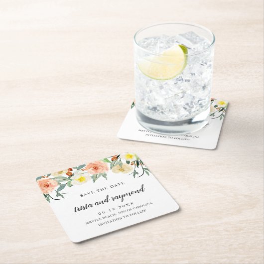 桃フローラ植物水彩保存日 スクエアペーパーコースター (インサイチュ)