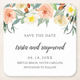 桃フローラ植物水彩保存日 スクエアペーパーコースター