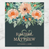 桃フローラ水彩ティール（緑がかった色） ワインラベル (シングルラベル)