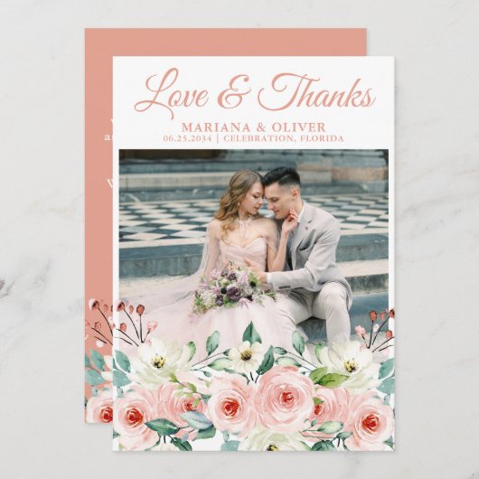 桃フローラ結婚の写真サンキューカード 招待状 (正面/裏面)