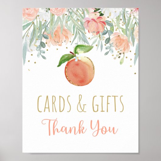 桃フローラ緑の誕生日カード&ギフトサイン ポスター (正面)