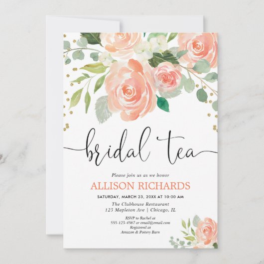 桃フローラ茶パーティーブライダルシャワー招待状 招待状 (正面)