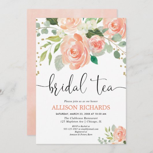 桃フローラ茶パーティーブライダルシャワー招待状 招待状 (正面/裏面)