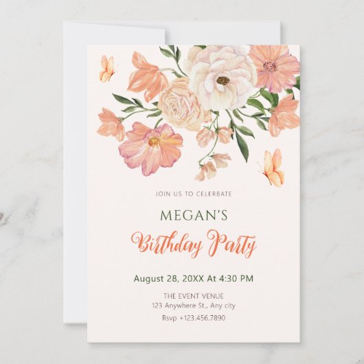 桃フローラ誕生日 招待状 (正面)