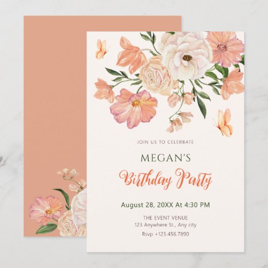桃フローラ誕生日 招待状 (正面/裏面)