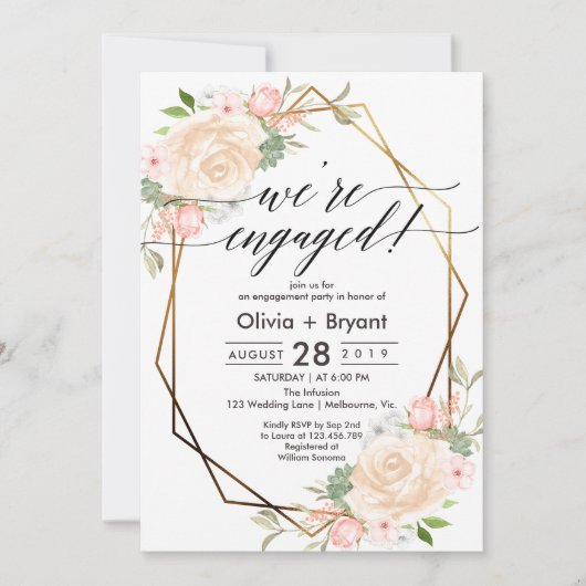 桃フローラ金ゴールド幾何学模様婚約パーティ 招待状 (正面)