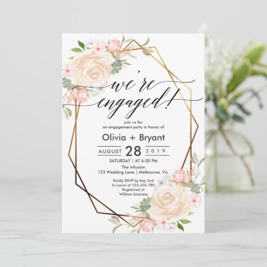 桃フローラ金ゴールド幾何学模様婚約パーティ 招待状 (スタンド正面)