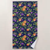 桃プラム紫かわいいフルーツ植物模様 ビーチタオル (正面)