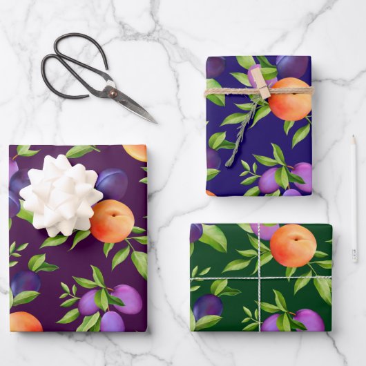 桃プラム紫かわいいフルーツ植物模様 ラッピングペーパーシート (正面)