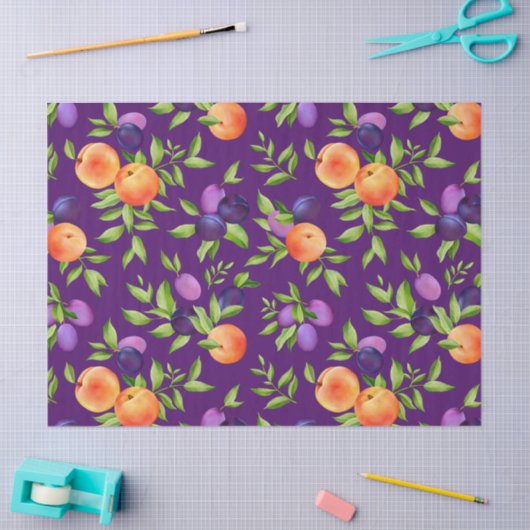 桃プラム紫かわいいフルーツ植物模様 薄葉紙 (クラフト)