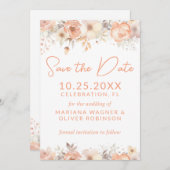 桃ベージュの花を白に保存する日付カード 招待状 (正面/裏面)